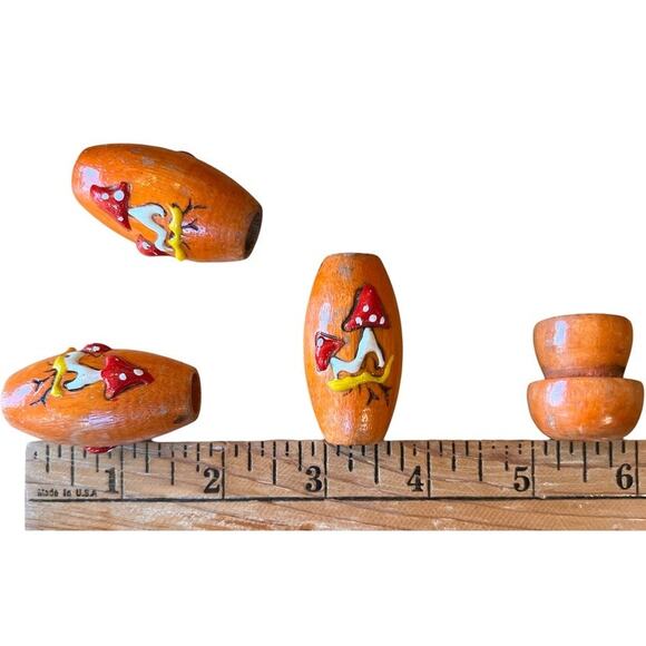 VTG Hand Painted Wooden Beads 3D Mushrooms Orange Retro Hippy DIY Necklace Craft - Picture 5 of 5